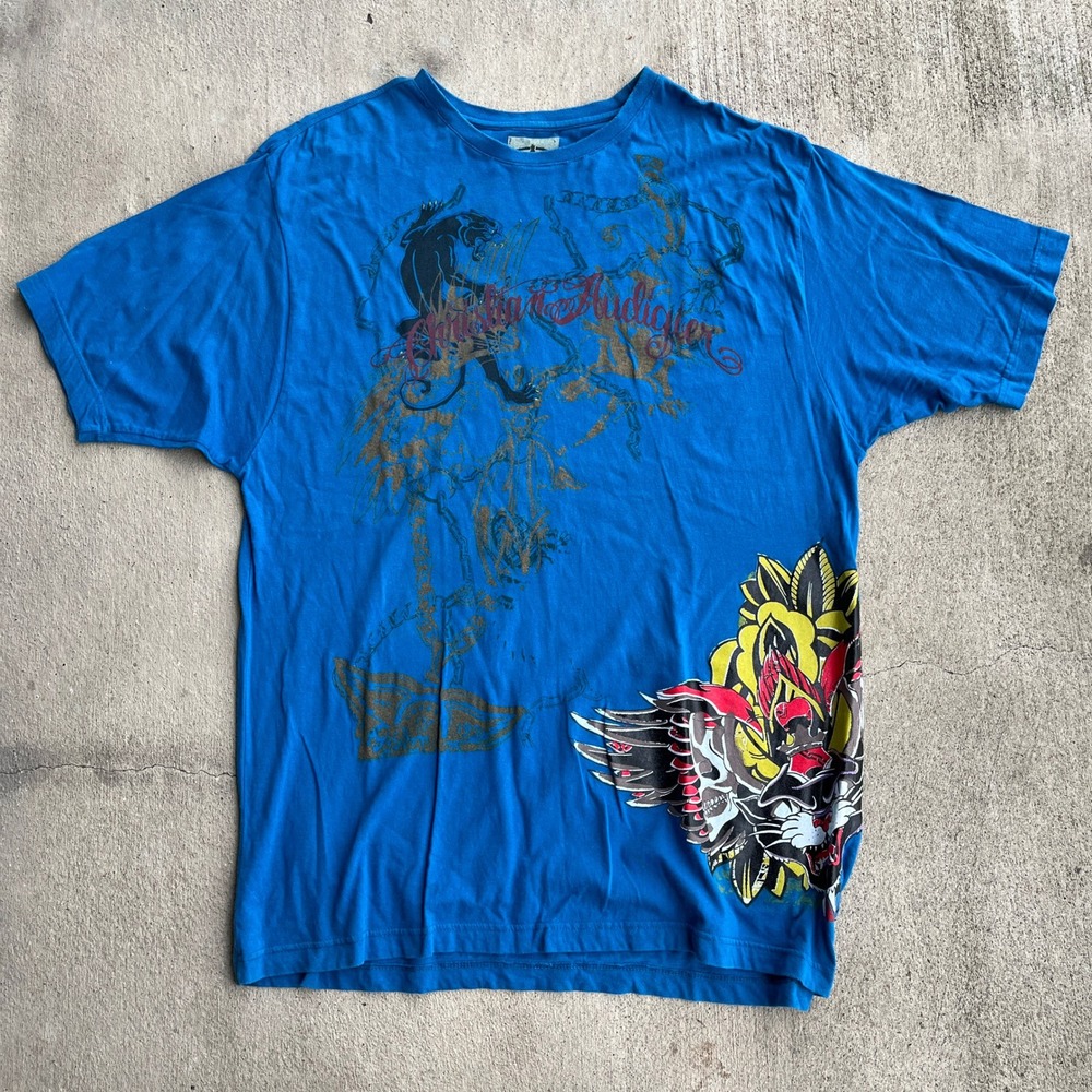 Christian Audigier Mens Blue Panther‎ Tattoo Graphic T Shirt 3XL